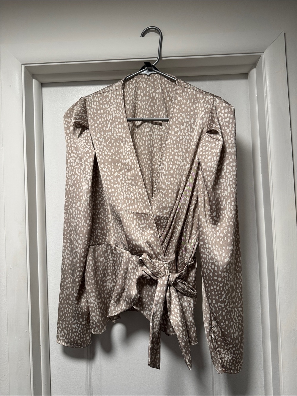 Express Taupe and White Printed Wrap Blouse